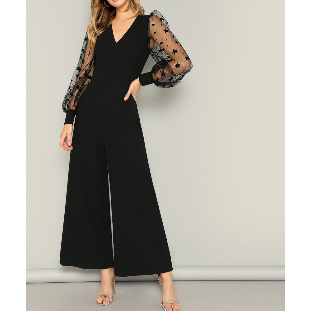 Black Mesh Star Print Sleeves Wide Leg Jumpsuit